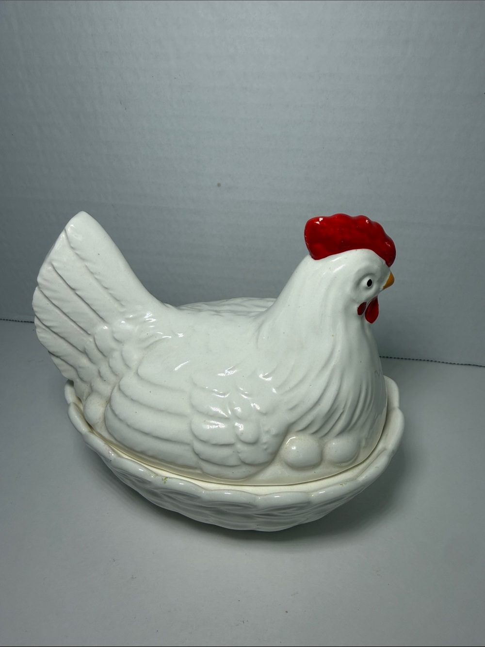 Ceramic White Hen Nest Basket Farmhouse Country Decor Vintage Dish Bowl With Lid